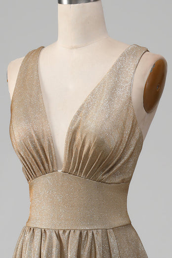Glitter V-hals Golden Prom kjole med spalt