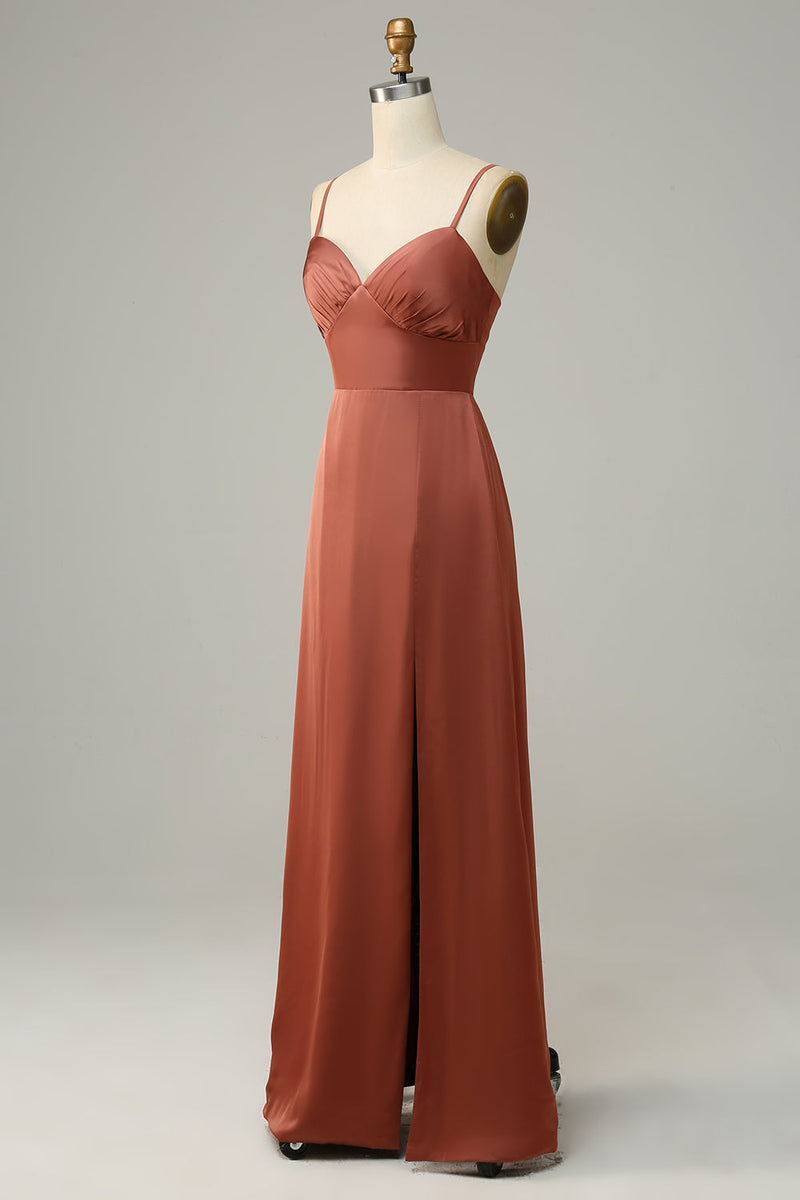 Load image into Gallery viewer, murstein rød skjede spaghetti stropper sateng brudepike kjole med spalt