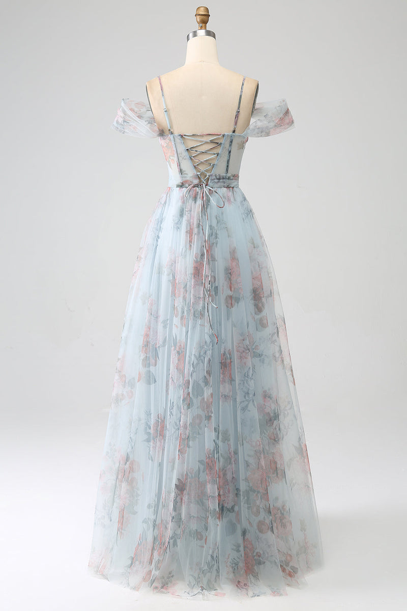 Load image into Gallery viewer, A-Line Blå Trykt Cold Shoulder Long Corset Prom Dress med Slit