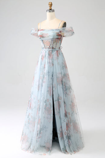 A-Line Blå Trykt Cold Shoulder Long Corset Prom Dress med Slit