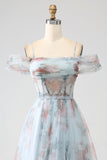 A-Line Blå Trykt Cold Shoulder Long Corset Prom Dress med Slit