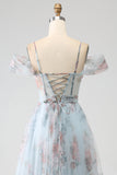 A-Line Blå Trykt Cold Shoulder Long Corset Prom Dress med Slit