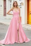 Fuchsia A Line Spaghetti stropper Long Prom Kjole med Appliques