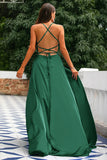 A-Line Spaghetti stropper Backless Long Satin Prom kjole med Slit