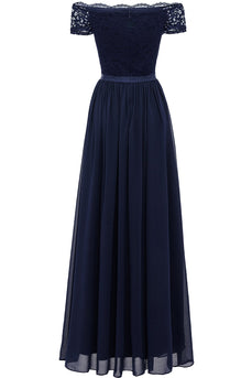marineblå lang blonder formell kjole