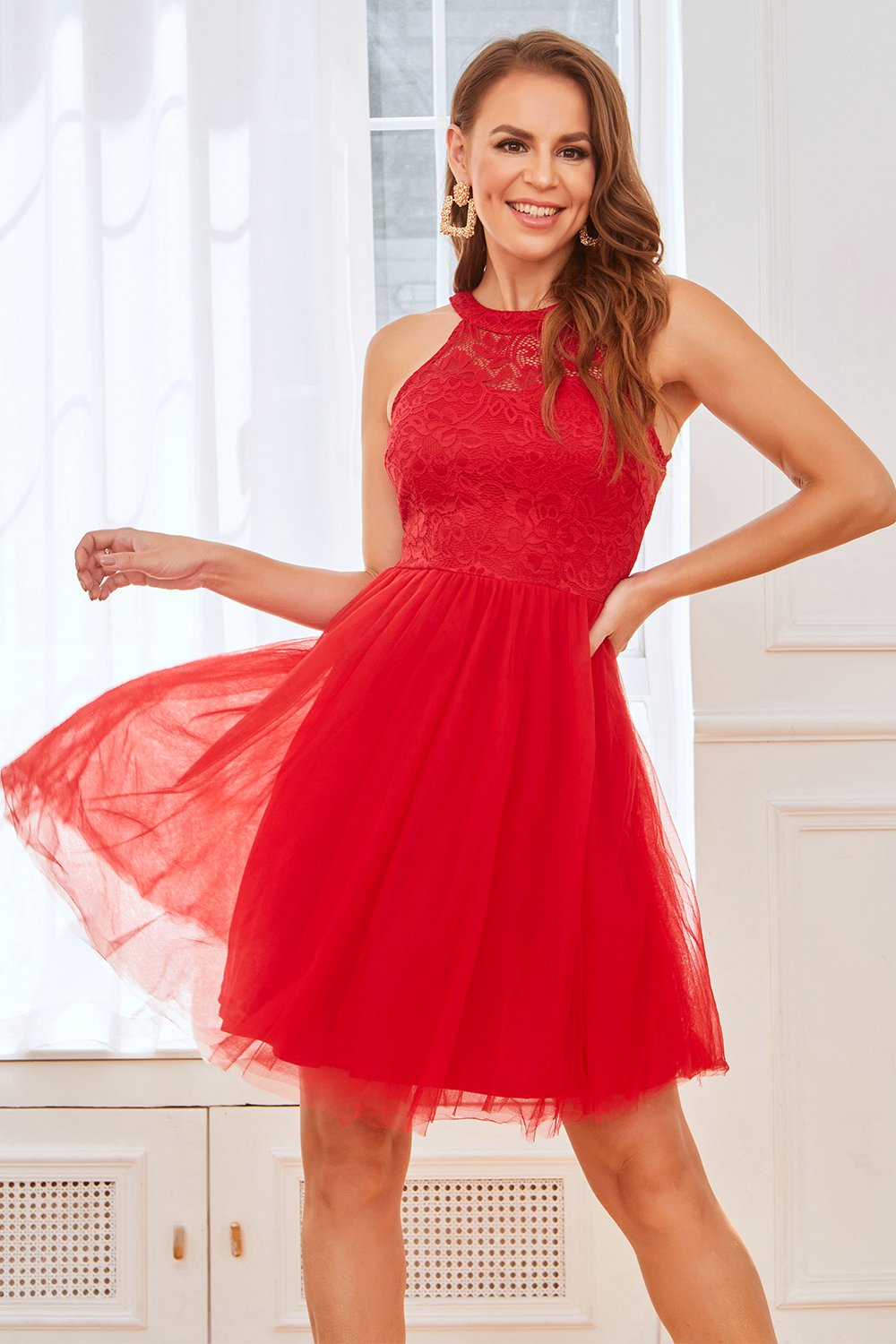 rød blonder kort cocktail fest kjole