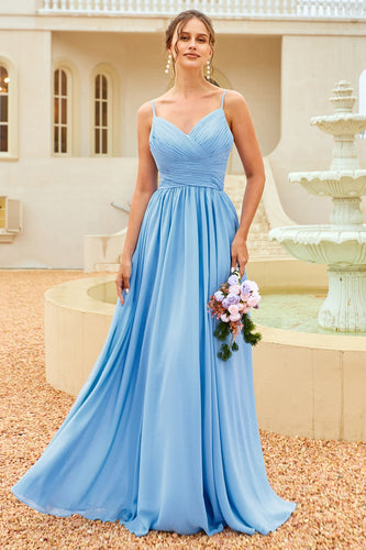 ruffle blå brudepike kjole med blonder