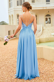 ruffle blå brudepike kjole med blonder