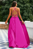 A-Line Spaghetti stropper Backless Long Satin Prom kjole med Slit