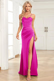 Fuchsia Mermaid Spaghetti stropper Satin Prom kjole med Split Front