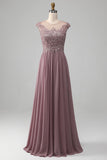 Dusk A-line Beaded Chiffon Round Neck Maxi Mor til bruden kjole