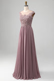 Dusk A-line Beaded Chiffon Round Neck Maxi Mor til bruden kjole