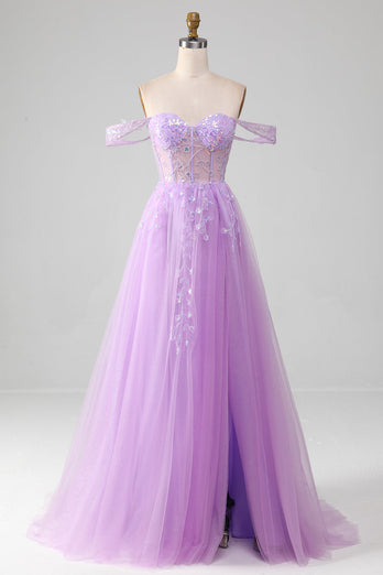 Lavendel A Line Tylle Off the Shoulder Prom Dress med Slit