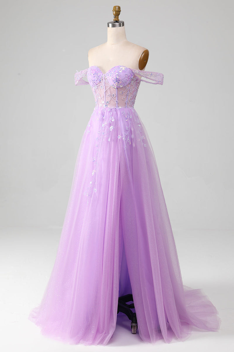 Load image into Gallery viewer, Lavendel A Line Tylle Off the Shoulder Prom Dress med Slit