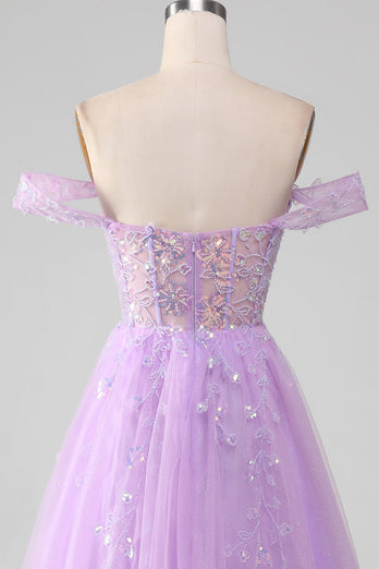 Lavendel A Line Tylle Off the Shoulder Prom Dress med Slit