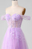 Load image into Gallery viewer, Lavendel A Line Tylle Off the Shoulder Prom Dress med Slit