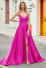 Load image into Gallery viewer, Fuchsia A Line Spaghetti stropper Long Prom Kjole med Appliques