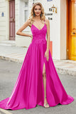 Fuchsia A Line Spaghetti stropper Long Prom Kjole med Appliques