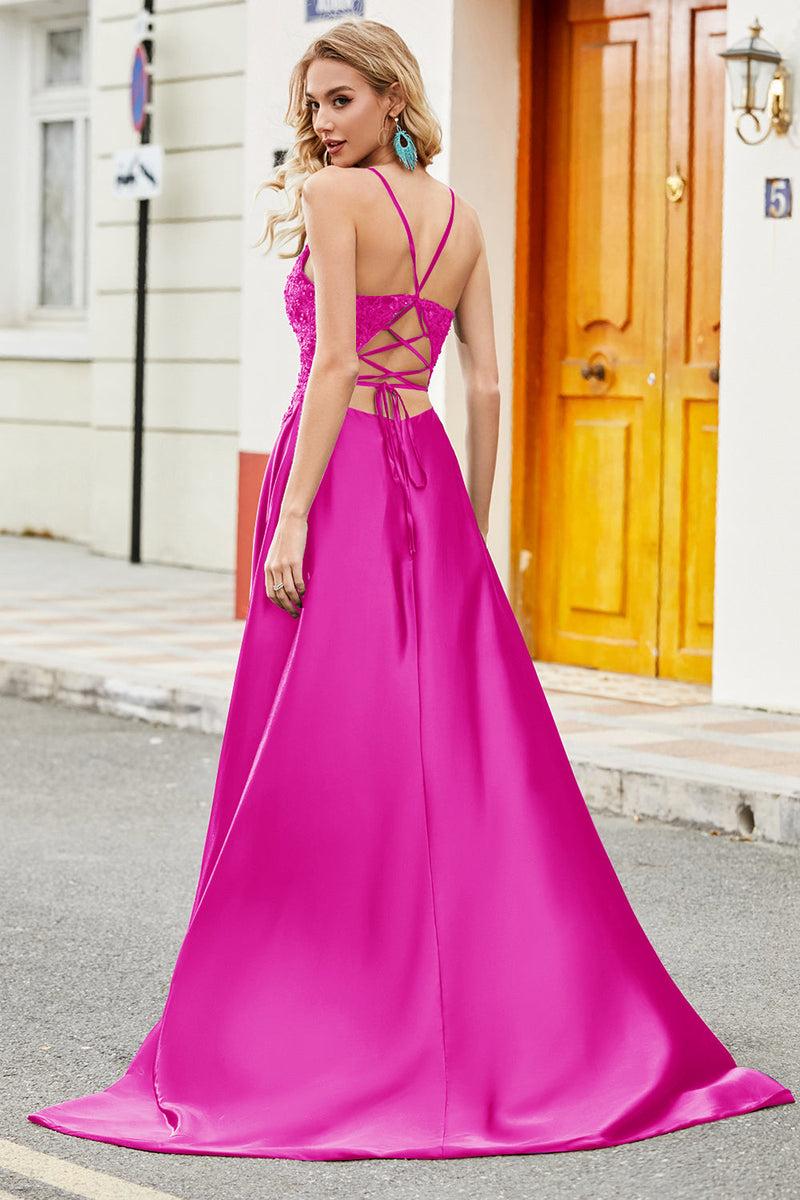Load image into Gallery viewer, Fuchsia A Line Spaghetti stropper Long Prom Kjole med Appliques