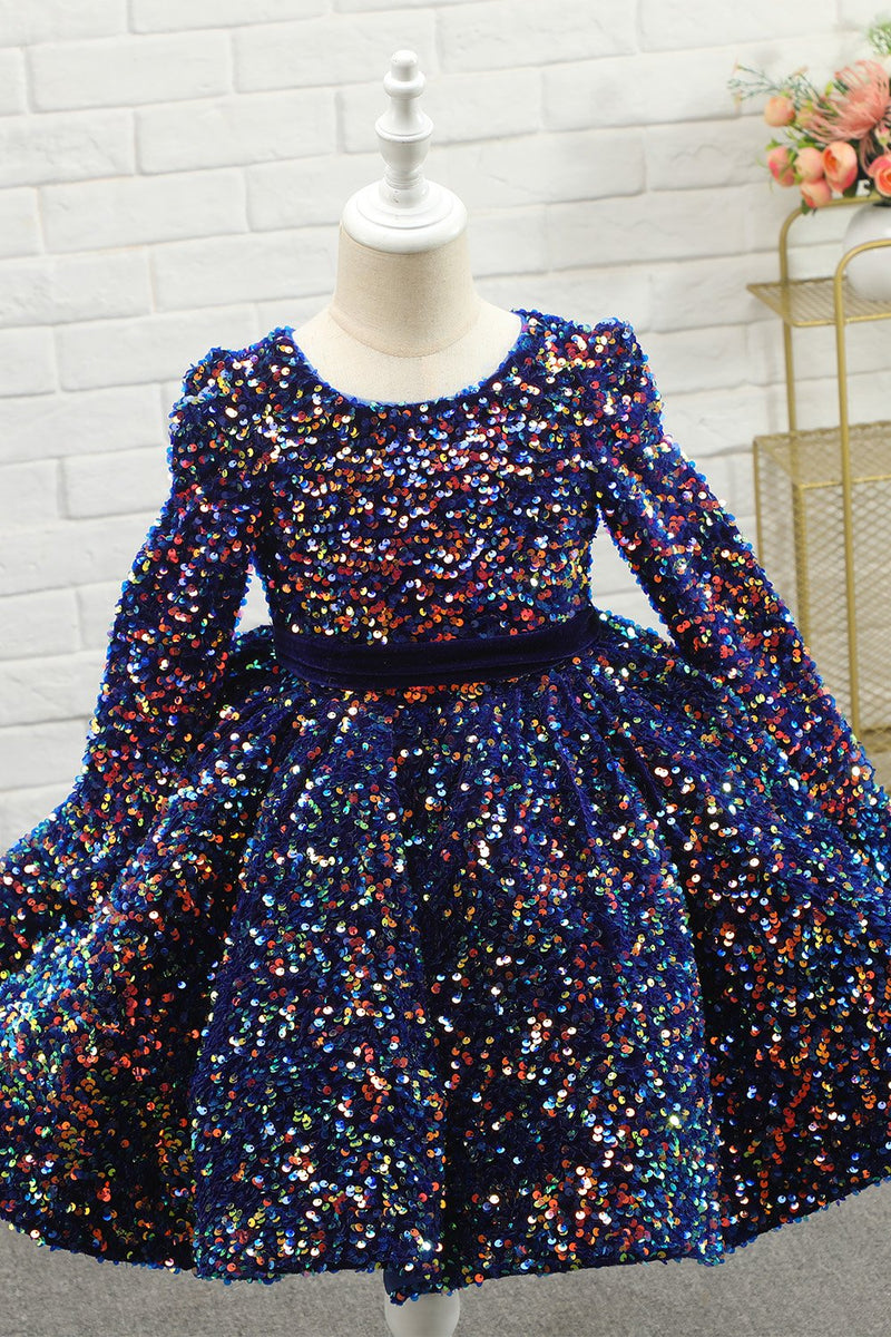 Load image into Gallery viewer, marineblå glitter paljett blomst jente kjole med ermer