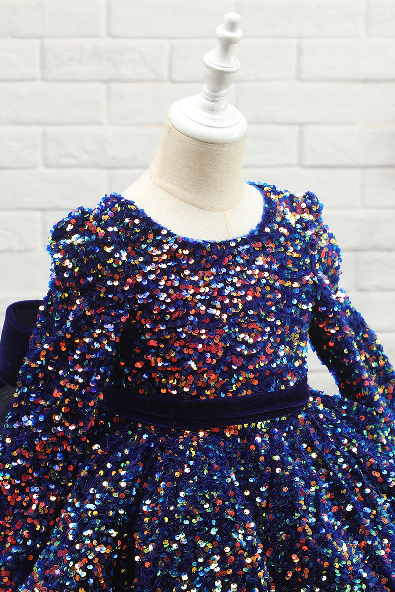 Load image into Gallery viewer, marineblå glitter paljett blomst jente kjole med ermer