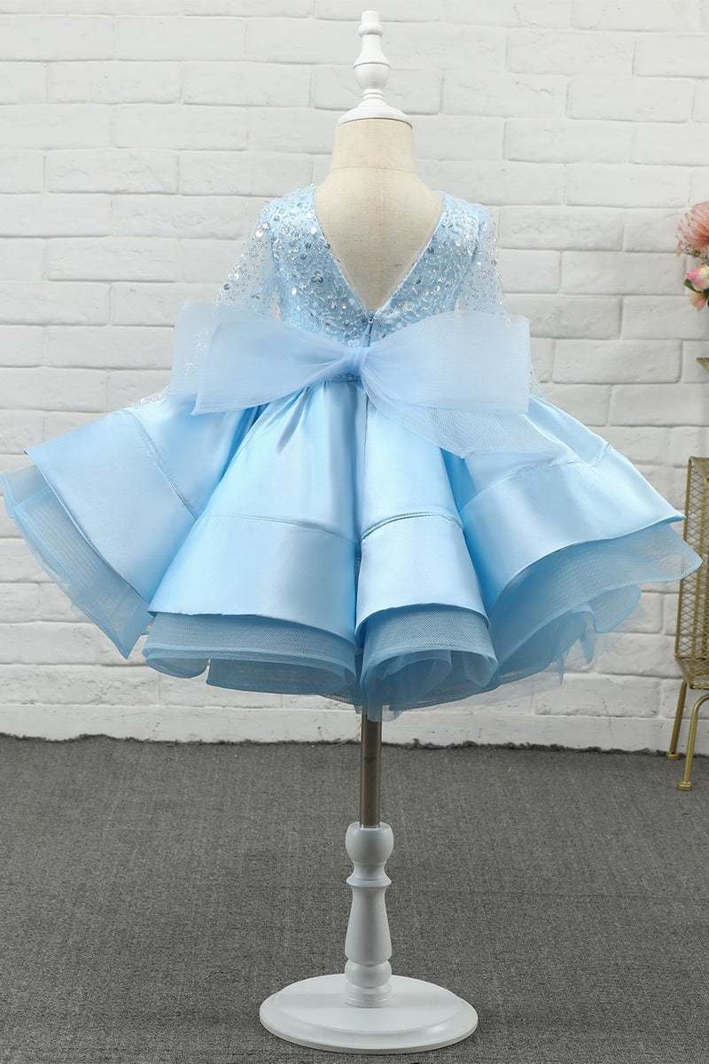 Load image into Gallery viewer, lyseblå paljett blomst jente kjole med ermer