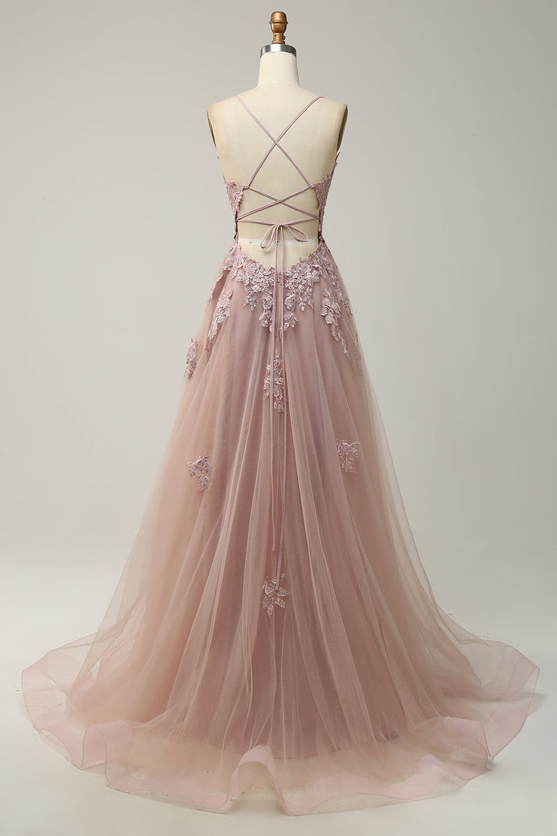 Load image into Gallery viewer, Spaghetti stropper A Line Light Purple Long Prom kjole med Criss Cross Back