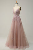 A Line Spaghetti stropper Blush Long Prom kjole med Appliques