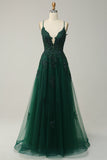 A Line Spaghetti Straps Dark Green Long Prom kjole med Criss Cross Back