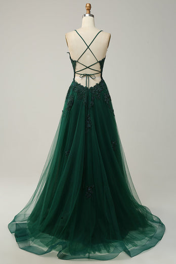 A Line Spaghetti stropper Green Long Prom kjole med Criss Cross Back