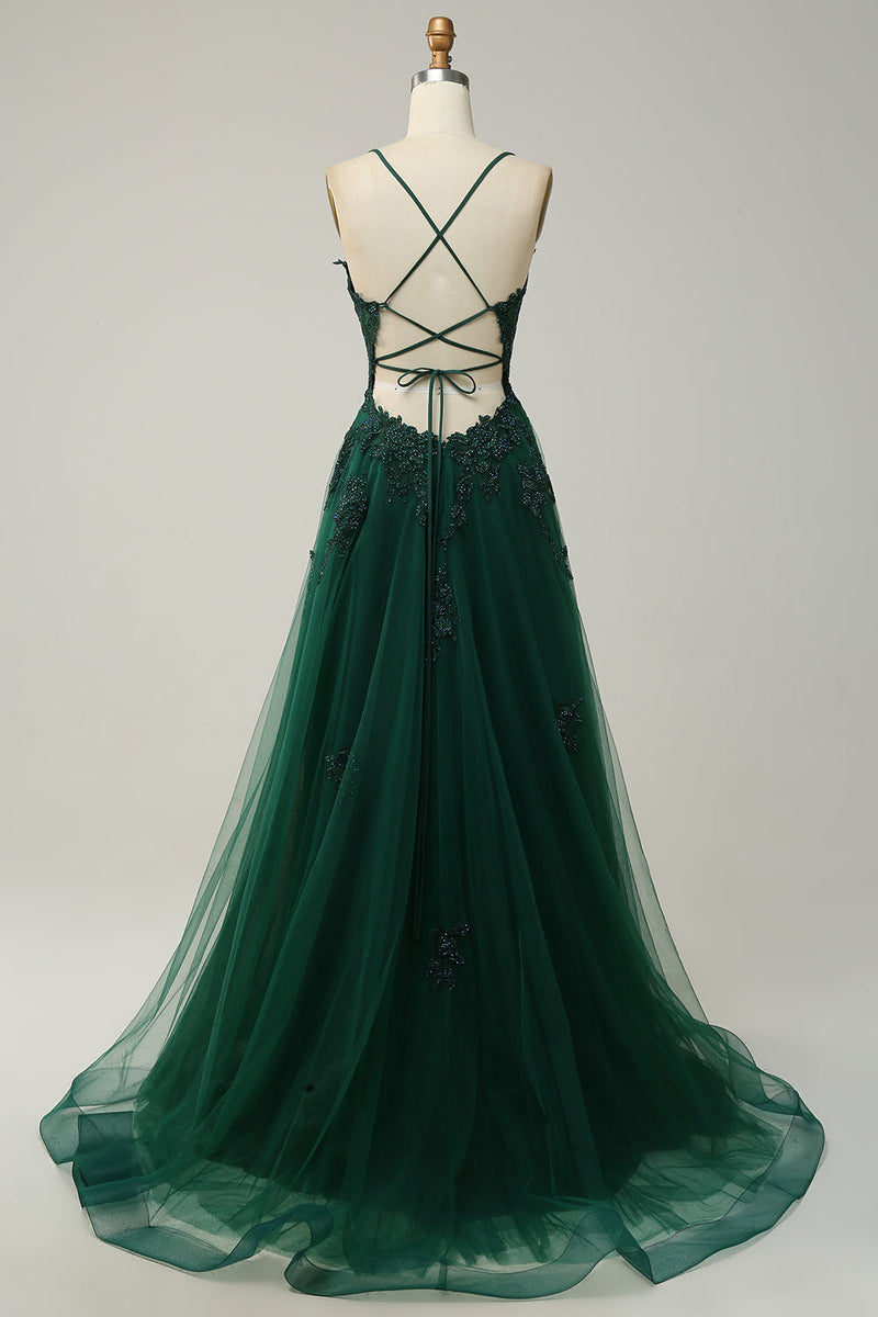Load image into Gallery viewer, A Line Spaghetti stropper Green Long Prom kjole med Criss Cross Back