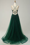 A Line Spaghetti Straps Dark Green Long Prom kjole med Criss Cross Back