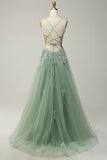 A Line Spaghetti stropper Green Long Prom kjole med Criss Cross Back