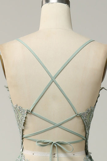 A Line Spaghetti stropper Green Long Prom kjole med Criss Cross Back