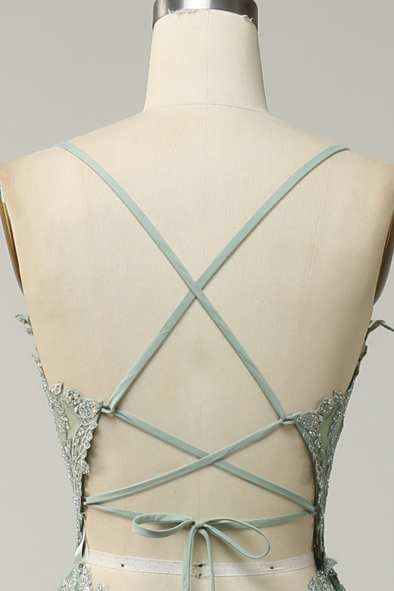Load image into Gallery viewer, A Line Spaghetti stropper Green Long Prom kjole med Criss Cross Back