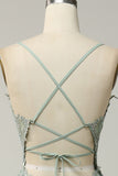 A Line Spaghetti stropper Green Long Prom kjole med Criss Cross Back