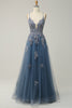 Load image into Gallery viewer, Spaghetti stropper A Line Grey Blue Long Prom kjole med Criss Cross Back