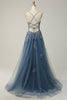 Load image into Gallery viewer, Spaghetti stropper A Line Grey Blue Long Prom kjole med Criss Cross Back