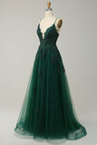 A Line Spaghetti Straps Dark Green Long Prom kjole med Criss Cross Back