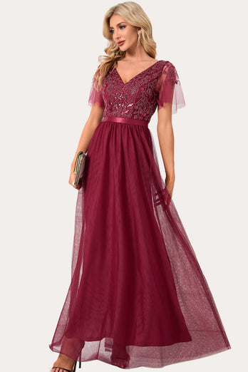 Sparkly Burgundy Beaded Long Tylle Prom Dress