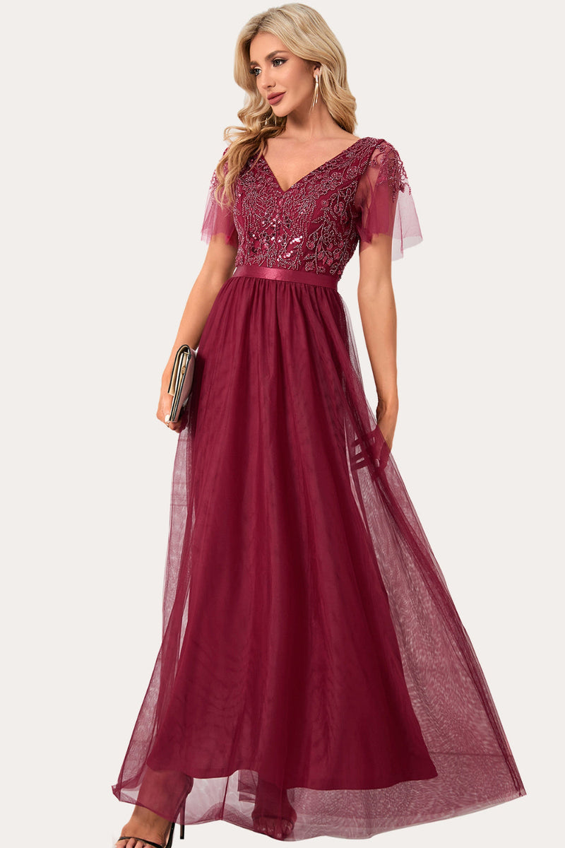 Load image into Gallery viewer, Sparkly Burgundy Beaded Long Tylle Prom Dress