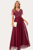 Sparkly Burgundy Beaded Long Tylle Prom Dress