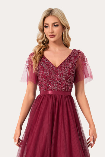 Sparkly Burgundy Beaded Long Tylle Prom Dress