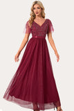 Sparkly Burgundy Beaded Long Tylle Prom Dress