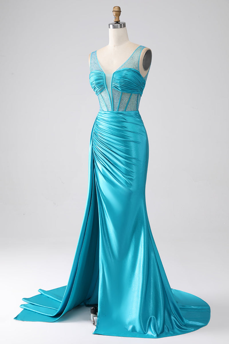 Load image into Gallery viewer, Turkis havfrue V-hals feie tog plissert korsett Beaded Prom kjole
