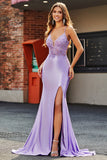 Lilac Mermaid V Neck Open Back Beaded Appliques Prom kjoler med spalt