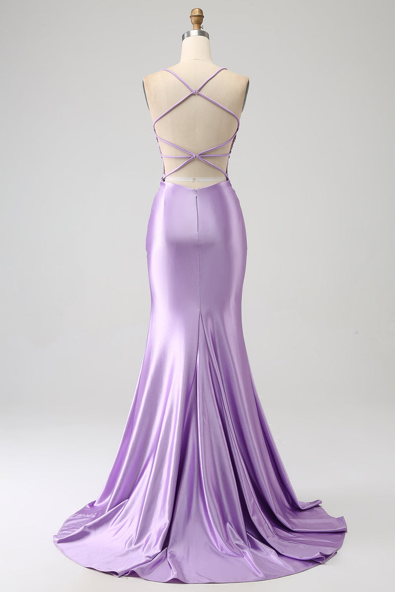 Load image into Gallery viewer, Stilig Mermaid Spaghetti stropper Lilac Long Prom Kjole med Appliques Slit