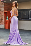 Lilac Mermaid V Neck Open Back Beaded Appliques Prom kjoler med spalt