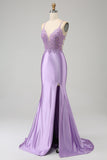 Stilig Mermaid Spaghetti stropper Lilac Long Prom Kjole med Appliques Slit