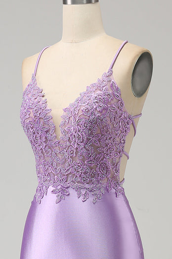 Stilig Mermaid Spaghetti stropper Lilac Long Prom Kjole med Appliques Slit